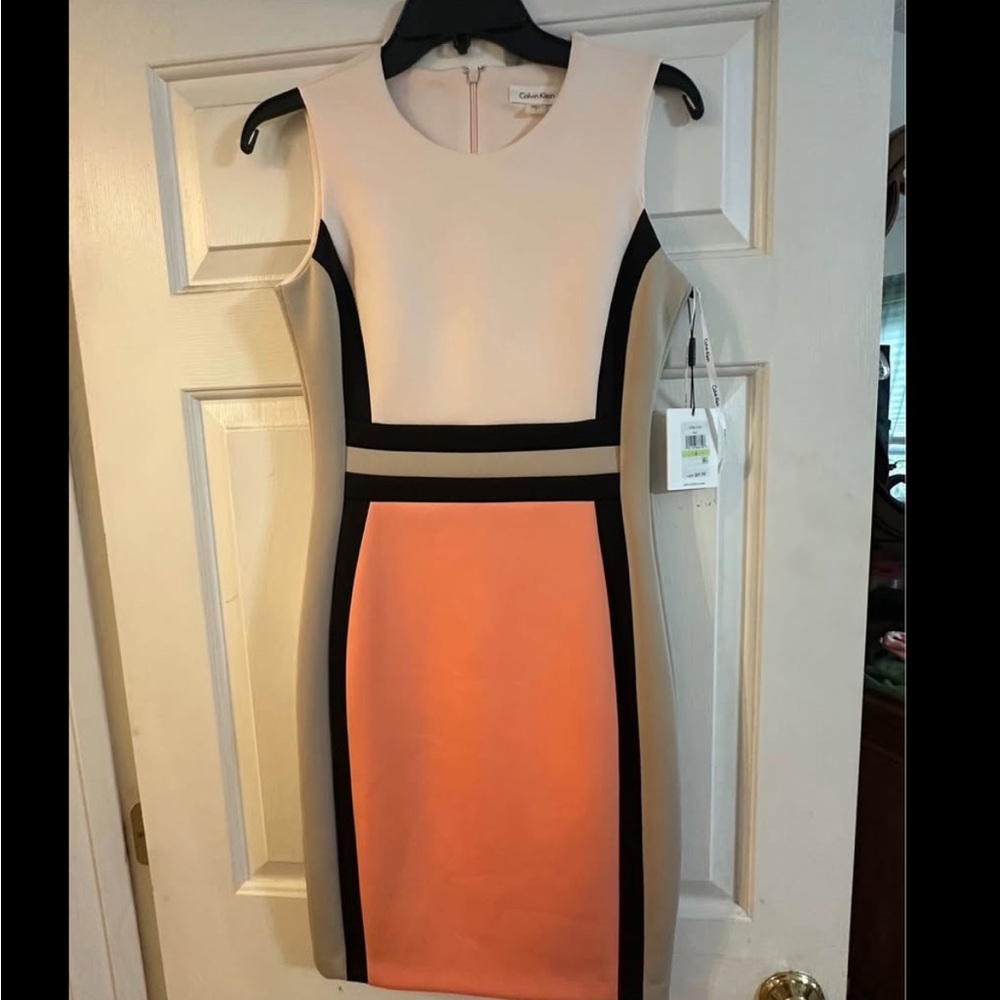 Calvin Klein Peach, Tan and Black Colorblock Midi Dress - size 4 - NWT